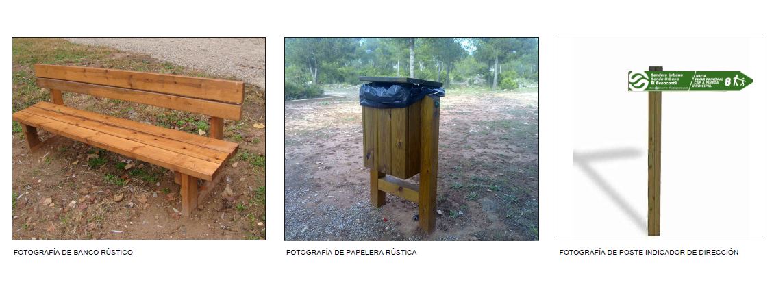 Banco, papelera e indicador rústico